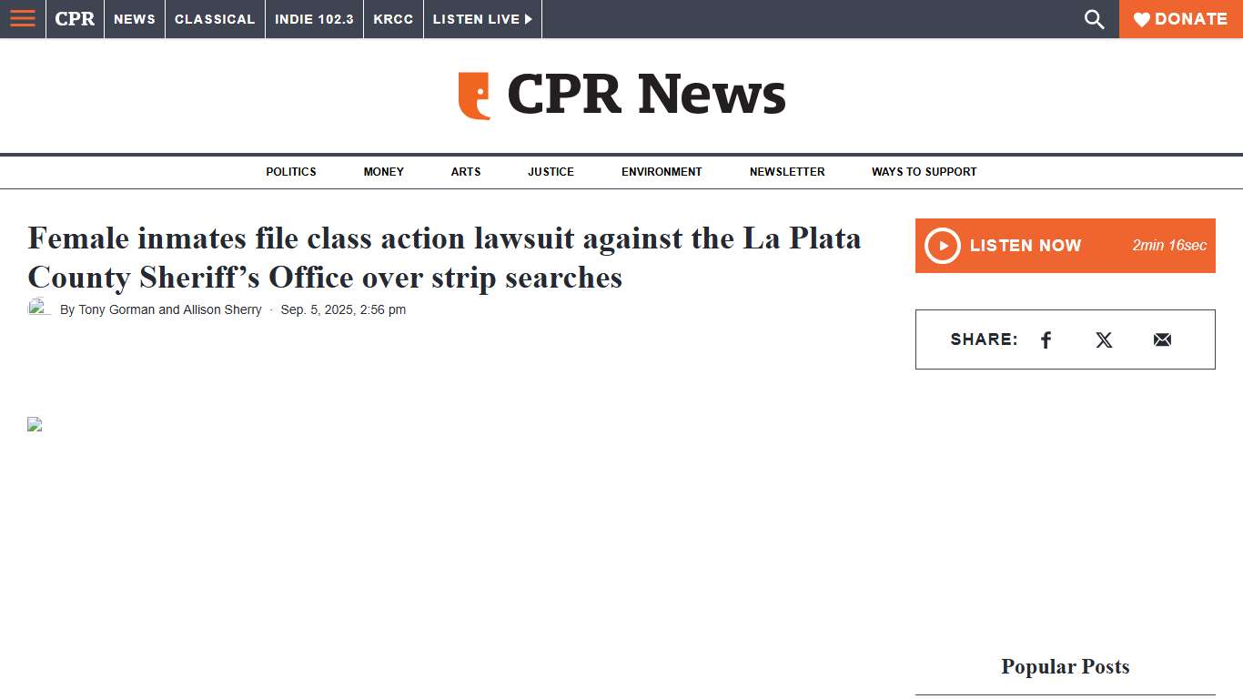 Female inmates file class action lawsuit against the La Plata County Sheriff’s Office over strip searches